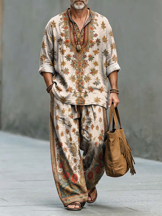 Men's Vintage Symmetrical Ethnic Paisley Print Cotton Shirt Set