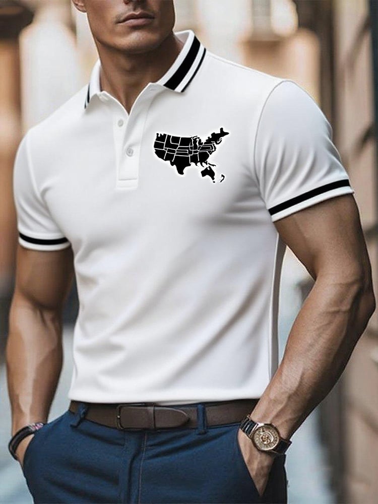 Men's Business Casual US Map Button Short Sleeve Polo Shirt