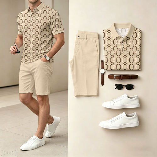 Men's Casual Printed Polo Shirt And Shorts Two-Piece Set (Does Not Include Watch, Belt, Or Accessories)
