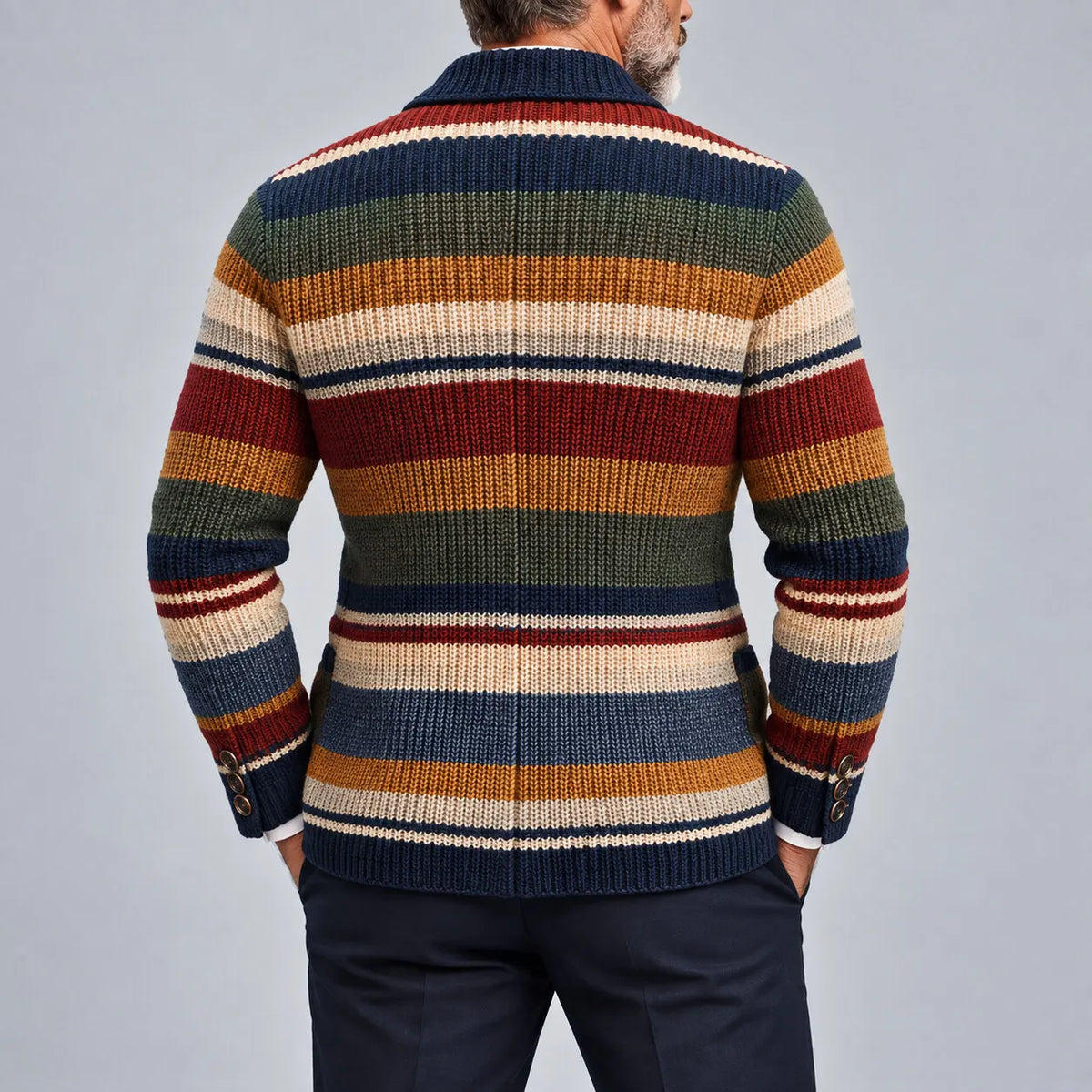 Men's Stylish Colorblock Stripe Notch Lapel Patch Pocket Single Breasted Knit Blazer
