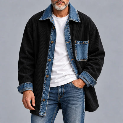 Men's Apricot Corduroy Denim Patchwork Chest Pocket Single Breasted Shirt Jacket