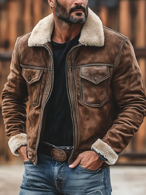 Men's Retro Classic Distressed Casual Fur Collar Pocket Jacket