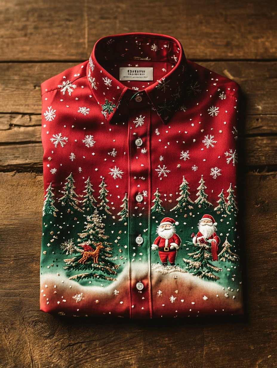 Men's Business Vintage Santa Claus Print Long Sleeve Shirt