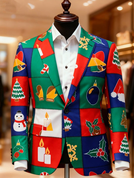 Men's Business Casual Large Pocket Notch Lapel Print  Christmas Colorblock Blazers