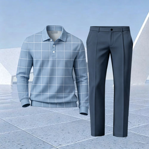 Men's Light Blue Checkered Polo Shirt and Pants Two-Piece Set