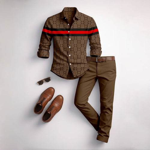 Men's Dark Brown Long-Sleeve Shirt and Pants Set