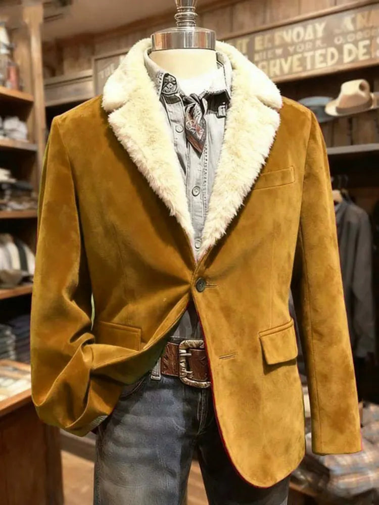 Men's Christmas Solid Color Fur Collar Printed Blazer