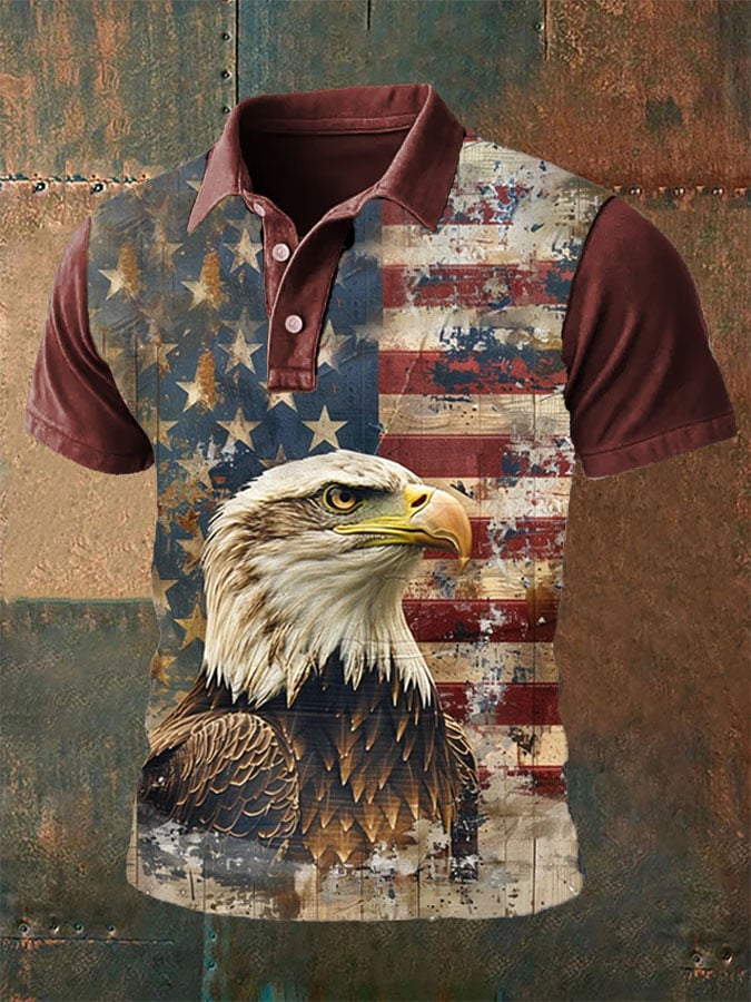 Men's Western Style Eagle Print Polo Shirt