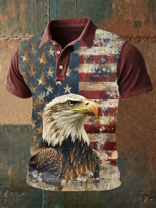 Men's Western Style Eagle Print Polo Shirt