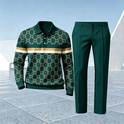 Men's Printed Polo Shirt and Pants Set
