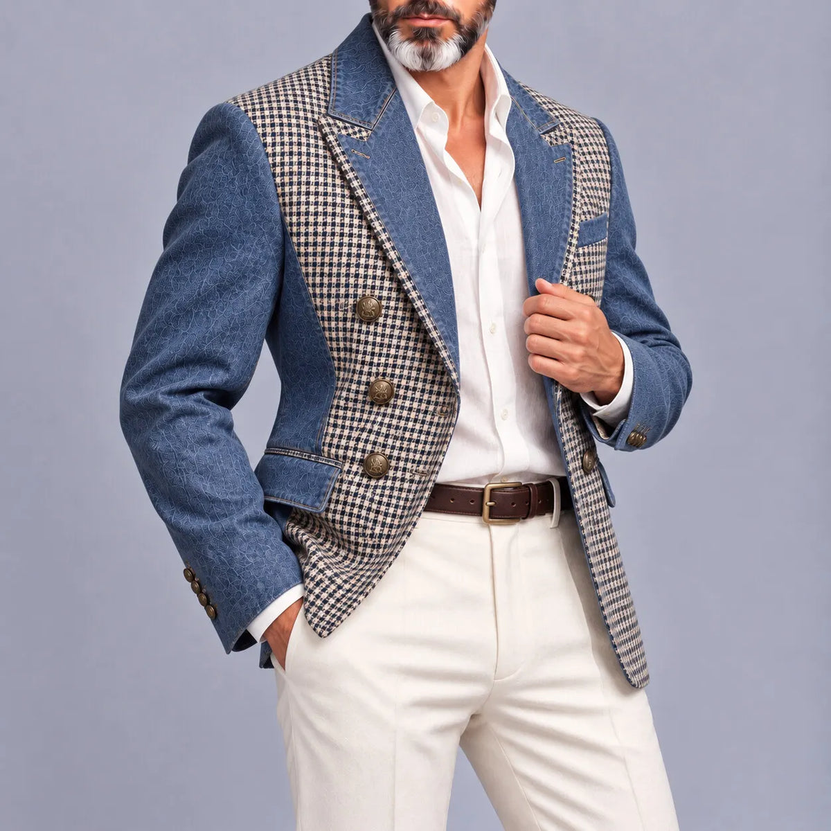Men's Blue Denim Houndstooth Patchwork Peak Lapel Vintage Double-Breasted Blazer