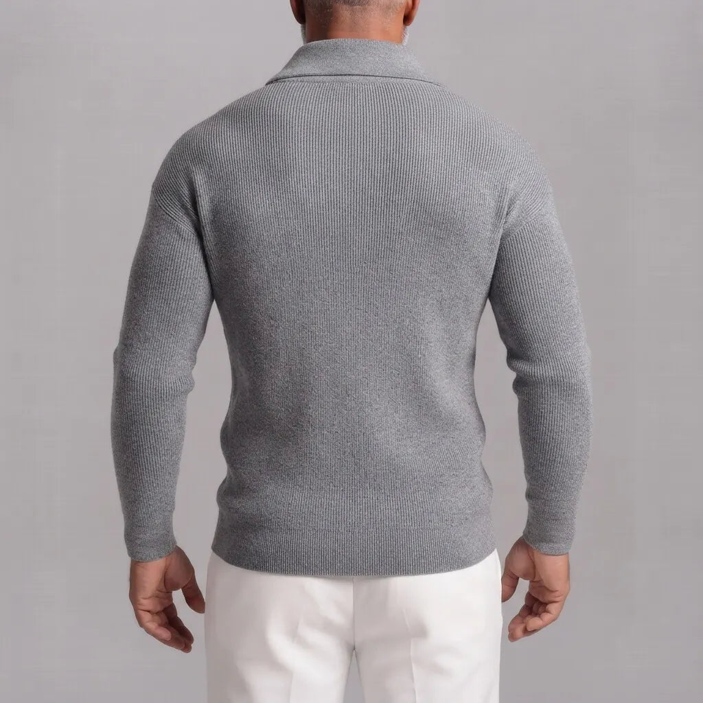 Men's Gray Ribbed Knit Patch Pockets Slim Fit Full Zip Cardigan