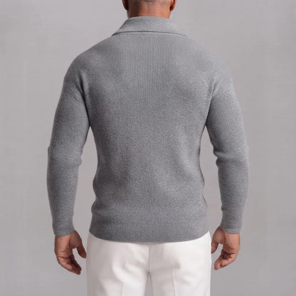 Men's Gray Ribbed Knit Patch Pockets Slim Fit Full Zip Cardigan