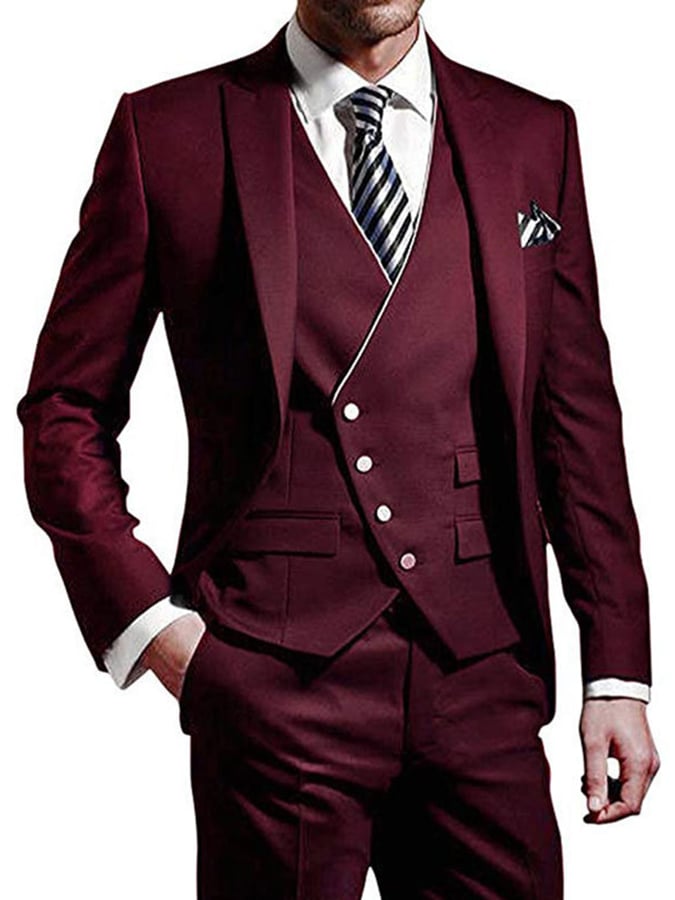 Men's Three-Piece Business Suit With One Button And Contrast Stitching
