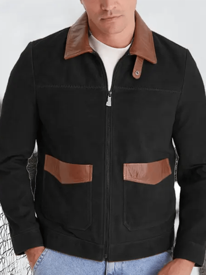 Men's Vintage Western Suede Contrast Panel Multi-Pocket Lapel Jacket