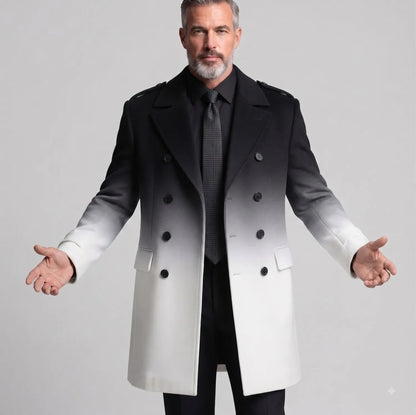 Men's Black And White Gradient Double Breasted Notch Lapel Woolen Trench Coat