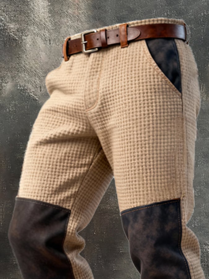 Men's Retro Waffle Panel Contrast Color Casual Pants