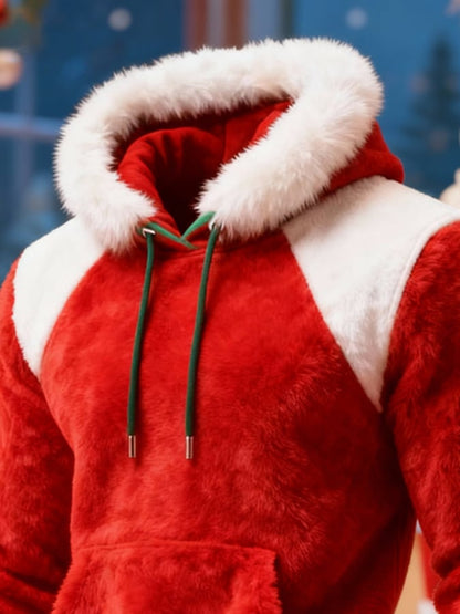 Men's Warm Plush Stitching Contrast Color Christmas Hooded Sweatshirt