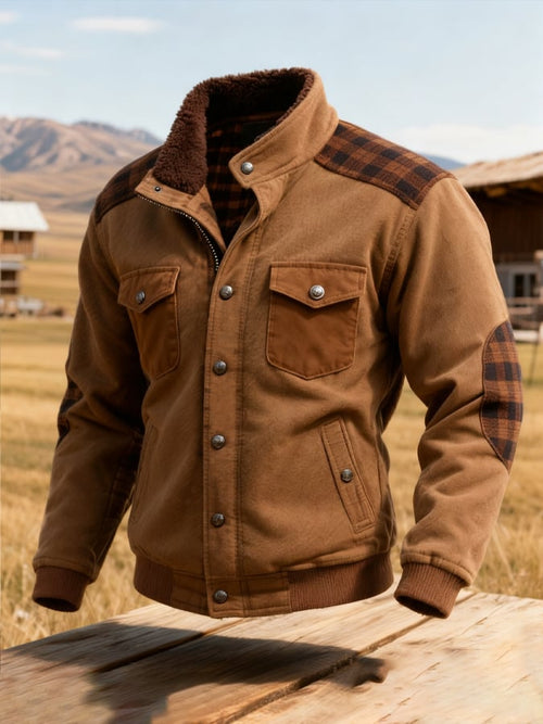 Men's Retro Checkered Fur Collar Multi-Pocket Jacket