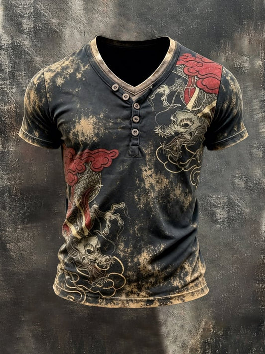 Men's Retro Print Color Block Double-Layer V-Neck Short-Sleeve Top