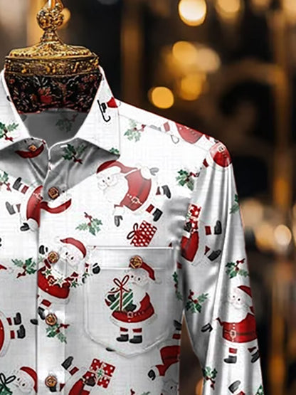 Men's Luxury Christmas Contrast Print Long Sleeve Pocket Shirt