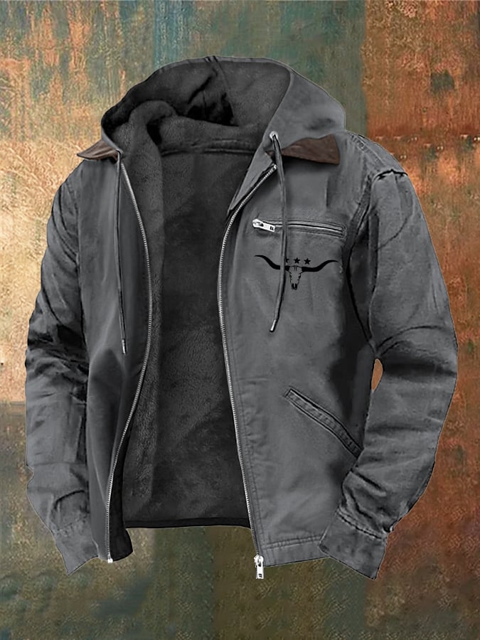 Men's Vintage Plush Western Bull Head Print Zipper Jacket
