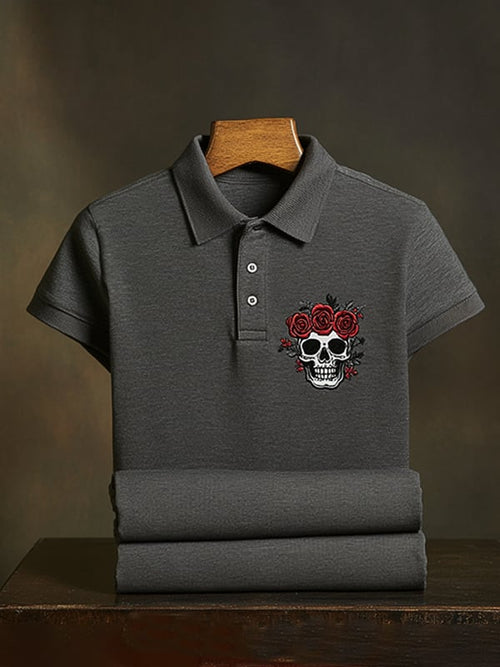 Men's Classic Business Skull Rose Logo Short Sleeve Polo Shirt
