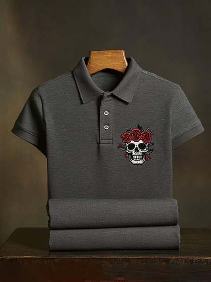 Men's Classic Business Skull Rose Logo Short Sleeve Polo Shirt
