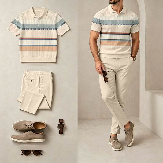 Men's Casual Horizontal-Striped Printed Short-Sleeve Polo Shirt And Pants Set (Excludes Accessories Such As Watches And Glasses)