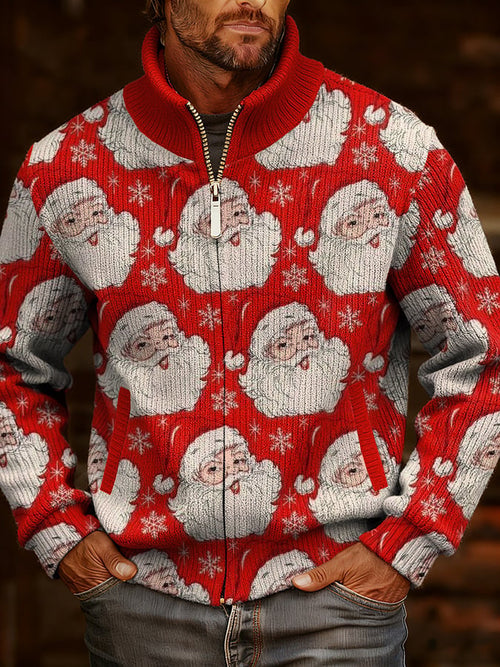 Men's Vintage Christmas Art Design Printed Knitted Jacquard Zip Comfort Jacket