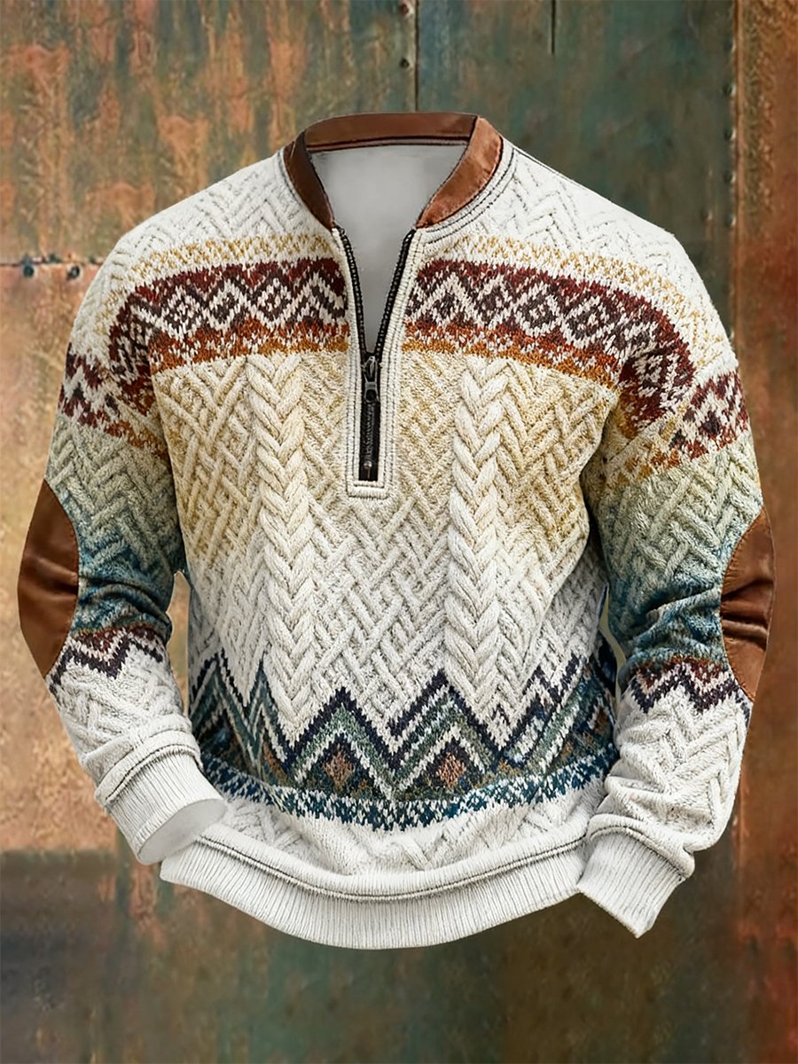 Men's Retro Geometric Style Print Quarter Zip Sweatshirt