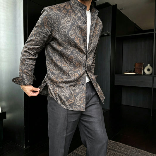 Men's Casual Paisley-Print Stand-Collar Long-Sleeve Shirt and Pants Two-Piece Set