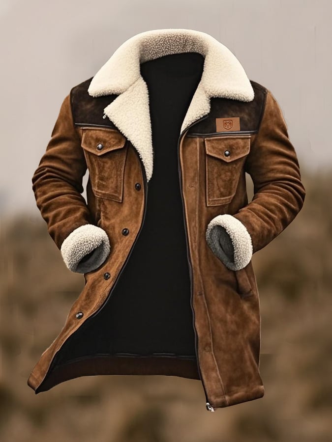 Men's Vintage Suede Patchwork Lamb Fleece Multi-Pocket Reverse Collar Outdoor Jacket Coat