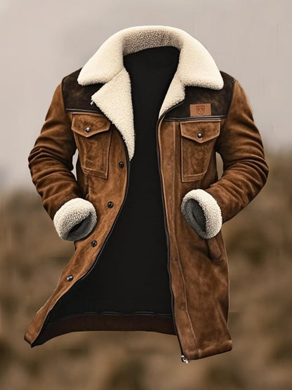 Men's Vintage Suede Patchwork Lamb Fleece Multi-Pocket Reverse Collar Outdoor Jacket Coat