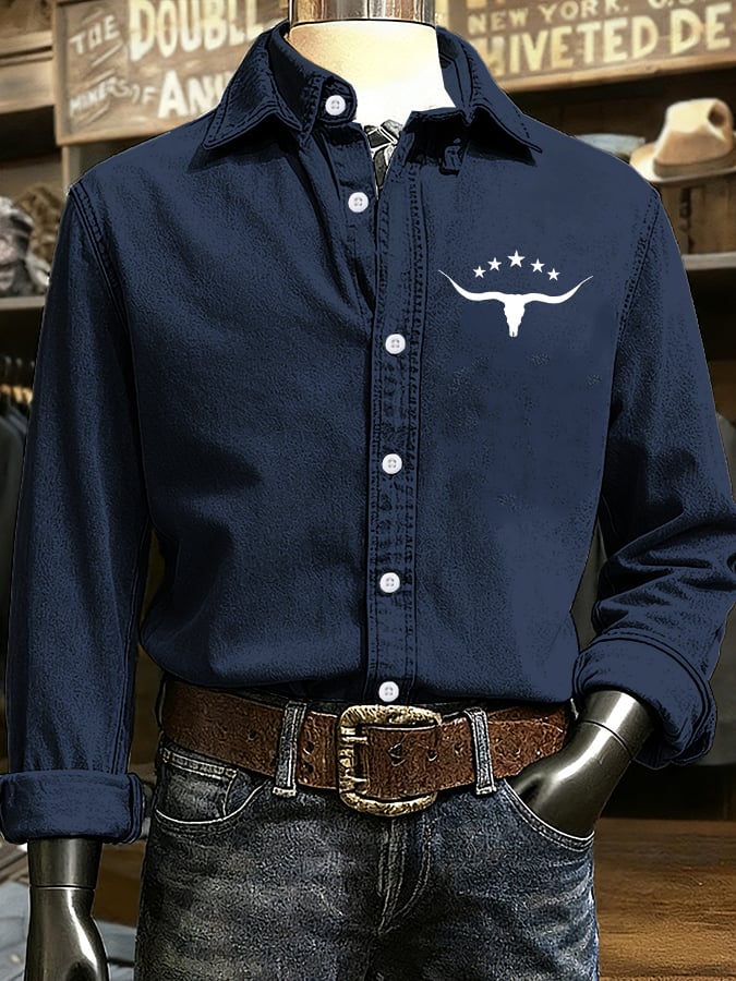 Men's Retro Western Cow Head Design Printed Long Sleeve Casual Shirt