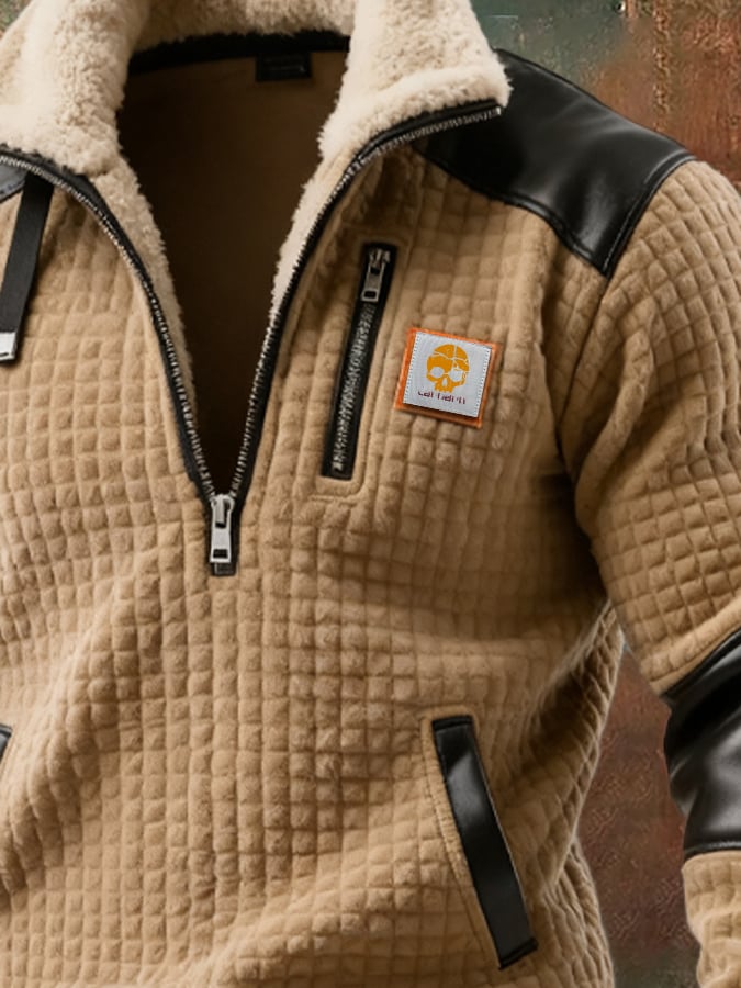 Men's Retro Knitted Square Check Leather Splicing Zipper Fur Collar Sweatshirt