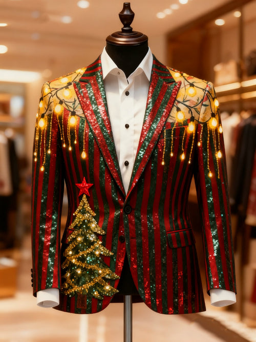 Men's Business Casual Large Pocket Notch Lapel Print Christmas String Lights Blazers