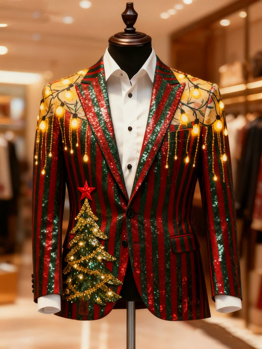 Men's Business Casual Large Pocket Notch Lapel Print Christmas String Lights Blazers