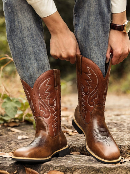 Men's High-Top Embroidered Vintage Wide-Toe Western Cowboy Boots