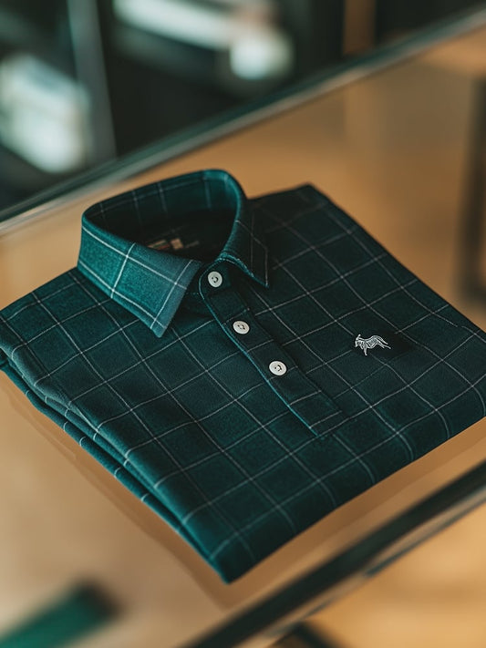 Men's Business Casual Plaid Logo Button Short Sleeve Polo Shirt