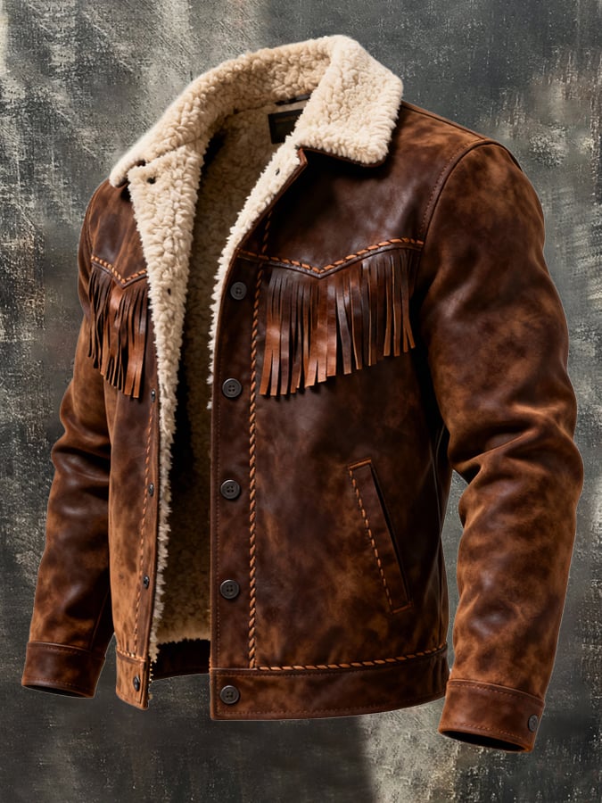 Men'S Vintage Distressed Stitching Tassel Design Fur Lapel Jacket