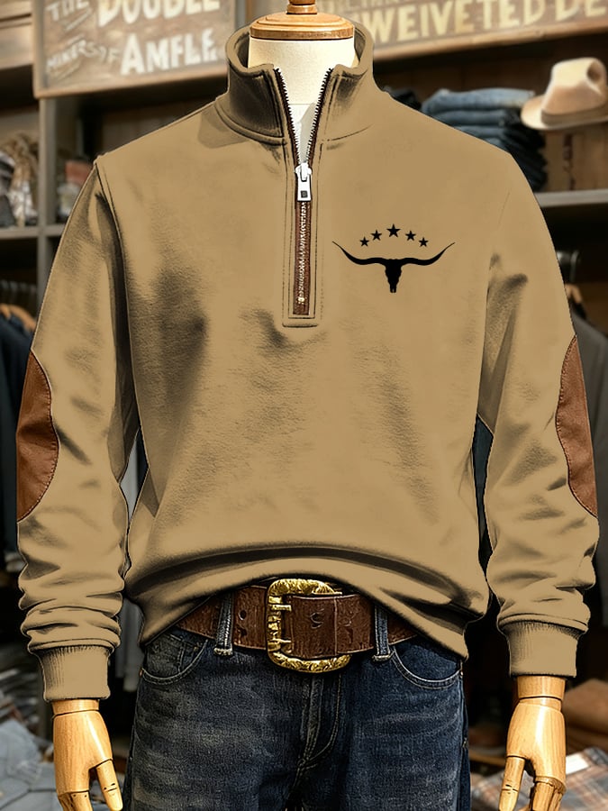 Men's Retro Western Cow Head Print Casual Zipper Sweatshirt