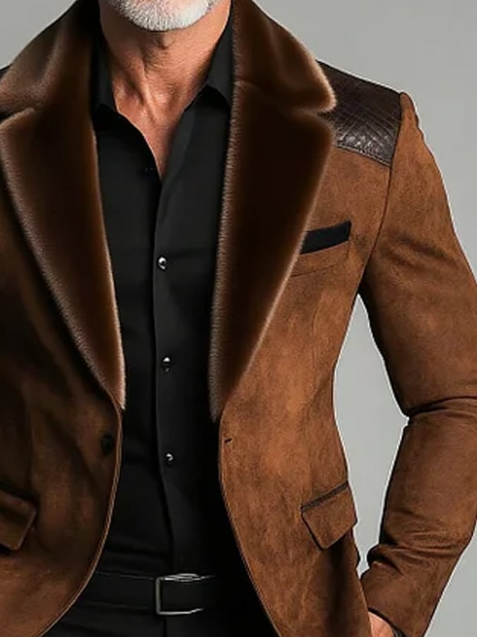 Men's Furry Lapel Collar Quilted Shoulders One Button Long Sleeve Suede Blazer
