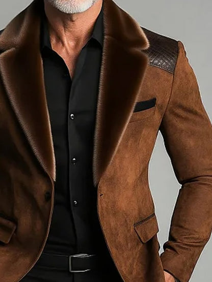 Men's Furry Lapel Collar Quilted Shoulders One Button Long Sleeve Suede Blazer