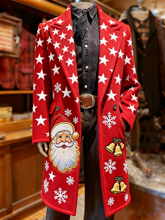 Men's Business Reindeer Christmas Snowman Tree Snowflakes Santa Long Wool Coat