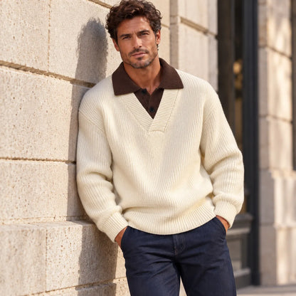 Men's Casual Solid Color Ribbed Knit Polo Collar Thick 2 in1 Pullover Sweater
