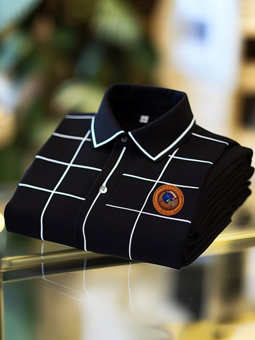 Men's Retro Business Football Logo Print Long Sleeve Polo Shirt