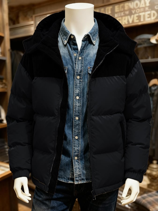 Men's Warm Corduroy Stitching Contrast Color Cotton Jacket (Removable Hood)