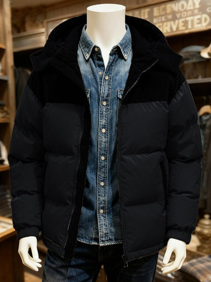 Men's Warm Corduroy Stitching Contrast Color Cotton Jacket (Removable Hood)