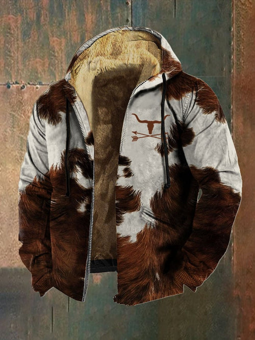 Men's Retro Bullhead Print Zip Hooded Jacket